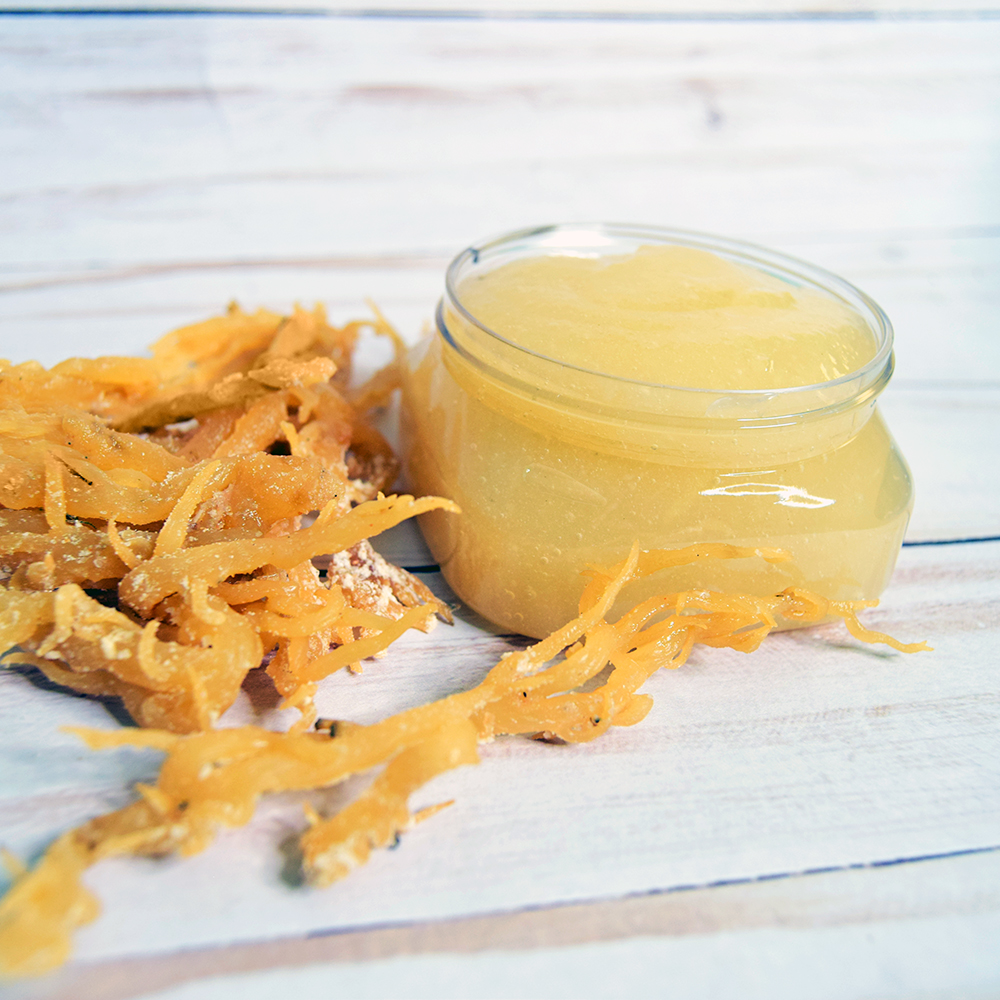 Raw Sea Moss Gel on wood backdrop